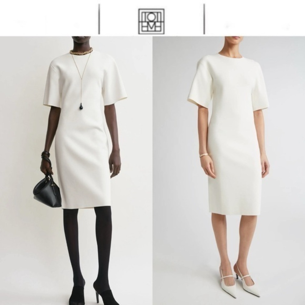 TOTEME Compact Jersey T-Shirt Dress Tee Knit Straw Elegant White Dress L 540$